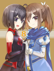 Rule 34 | 2girls, :d, ahoge, armor, armpit crease, bare shoulders, black armor, black eyes, black gloves, black hair, blue coat, blue scarf, blush, brown background, brown eyes, brown hair, closed mouth, coat, detached sleeves, eyes visible through hair, faulds, from side, gloves, hair between eyes, hair ribbon, heads together, holding hands, interlocked fingers, itai no wa iya nano de bougyoryoku ni kyokufuri shitai to omoimasu, juliet sleeves, koin (foxmark), long hair, long sleeves, looking at viewer, looking to the side, maple (bofuri), multiple girls, official art, open clothes, open coat, open mouth, ponytail, promotional art, puffy sleeves, red sleeves, ribbon, sally (bofuri), scarf, short hair, sidelocks, simple background, smile, upper body, vambraces, white gloves