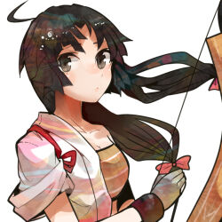 1girl archery bandeau black_hair blouse bow_(weapon) breasts brown_eyes brown_hair gloves hadanugi_dousa hair_ribbon itomugi-kun japanese_clothes kantai_collection kimono kyuudou long_hair long_sleeves low-tied_long_hair medium_breasts open_clothes open_kimono partially_fingerless_gloves partly_fingerless_gloves ribbon shirt shouhou_(kancolle) single_glove solo twintails weapon yugake