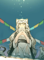 Rule 34 | 1girl, absurdres, animal ear fluff, animal ears, arknights, belt, braid, cloak, dress, feet out of frame, grey eyes, grey hair, groin, highres, long hair, long sleeves, looking up, own hands clasped, own hands together, pelvic curtain, pramanix (arknights), renxzd, solo, string, string of fate, tail, thighhighs, turtleneck, turtleneck dress, twin braids, white dress, white thighhighs