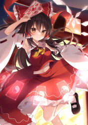 Rule 34 | 1girl, absurdres, ascot, bare shoulders, between fingers, black footwear, blush, bow, breasts, brown eyes, brown hair, closed mouth, detached sleeves, frilled skirt, frills, hair between eyes, hair bow, hair tubes, hakurei reimu, highres, holding, japanese clothes, long hair, medium breasts, miy@, nontraditional miko, ofuda, ofuda between fingers, red bow, red skirt, ribbon-trimmed sleeves, ribbon trim, shoes, sidelocks, skirt, smile, socks, solo, torii, touhou, white sleeves, white socks, wide sleeves, yellow ascot