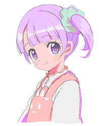 Rule 34 | 1girl, blunt bangs, child, closed mouth, collared shirt, commentary request, cropped torso, green scrunchie, hair ornament, hair scrunchie, highres, looking at viewer, manaka non, manaka non (normal), pretty series, pripara, purple eyes, purple hair, rituyama1, scrunchie, shirt, short hair, side ponytail, simple background, smile, solo, upper body, white background, white shirt