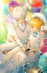 Rule 34 | 1boy, 1girl, ahoge, balloon, bare shoulders, bench, beret, blood, blood on clothes, blue neckwear, bow, bowtie, commentary, dress, emma (yakusoku no neverland), eyelashes, closed eyes, floral print, gun, gun in lap, handgun, hat, highres, holding, holding gun, holding weapon, kinokohime, long sleeves, looking down, lower teeth only, mixed-language commentary, norman (yakusoku no neverland), open mouth, orange hair, pants, park bench, parted lips, revolver, see-through, shirt, short hair, sweater vest, teeth, wavy hair, weapon, white dress, white hair, white headwear, white pants, white shirt, yakusoku no neverland