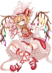 Rule 34 | 1girl, blonde hair, dress, female focus, flandre scarlet, frills, hat, long hair, outstretched arm, pantyhose, panzer (p.z), pointy ears, red eyes, side ponytail, solo, stuffed animal, stuffed toy, teddy bear, thighhighs, touhou, white pantyhose, white thighhighs, wings, wrist cuffs