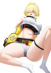 Rule 34 | 1girl, absurdres, ahoge, black sports bra, blonde hair, blush, breasts, clothing cutout, commentary, covered erect nipples, cropped jacket, elegg (nikke), english commentary, fanny pack, full body, goddess of victory: nikke, hair intakes, hair over one eye, highres, huajitian, jacket, large breasts, long bangs, looking at viewer, micro shorts, multicolored clothes, multicolored jacket, navel, no shoes, open mouth, purple eyes, short hair, shorts, shoulder cutout, simple background, socks, solo, sports bra, spread legs, standing, stomach, suspender shorts, suspenders, thigh strap, thighs, turtleneck, two-tone jacket, white background, white jacket, white shorts, white socks, yellow jacket