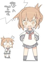 Rule 34 | 2girls, ^^^, alternate hairstyle, blade (galaxist), brown eyes, brown hair, commentary request, cosplay, fang, folded ponytail, hair ornament, hairclip, ikazuchi (kancolle), inazuma (kancolle), inazuma (kancolle) (cosplay), kantai collection, multiple girls, nanodesu (phrase), o o, open mouth, school uniform, serafuku, simple background, skirt, surprised, translated