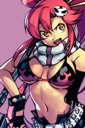 Rule 34 | 1girl, :d, belt, black gloves, bra, breasts, commentary request, fingerless gloves, gloves, gun, hair ornament, hairclip, hairpin, holding, holding gun, holding weapon, hungry clicker, large breasts, long hair, navel, open mouth, pants, pink eyes, pink hair, ponytail, rifle, scarf, skull hair ornament, smile, solo, spiked belt, spikes, striped clothes, striped scarf, tengen toppa gurren lagann, underboob, underwear, upper body, v-shaped eyebrows, weapon, yellow eyes, yoko littner