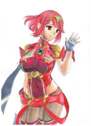 Rule 34 | 1girl, backless outfit, black gloves, bob cut, breasts, chest jewel, core crystal (xenoblade), drop earrings, earrings, fingerless gloves, gloves, highres, impossible clothes, jewelry, large breasts, nintendo, pantyhose, pantyhose under shorts, pyra (xenoblade), red eyes, red hair, red shorts, short hair, short sleeves, shorts, sketch, skindentation, solo, super smash bros., suspenders, swept bangs, thighhighs, thighhighs over pantyhose, tiara, watari (eaka), xenoblade chronicles (series), xenoblade chronicles 2