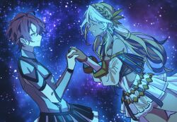 Rule 34 | 1boy, 1girl, absurdres, andromeda (fate), andromeda (first ascension) (fate), bare shoulders, brown hair, choker, closed mouth, constellation, dark-skinned female, dark skin, detached sleeves, fate/grand order, fate/prototype, fate (series), gold choker, green eyes, hair ornament, highres, holding hands, long hair, multicolored hair, perseus (fate), red hair, smile, space, two-tone hair, white hair, yawa 83