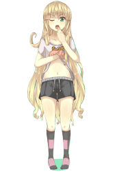 Rule 34 | 1girl, blonde hair, blush, borrowed character, covering own mouth, enki (dragonfire), flat chest, full body, green eyes, hand over own mouth, hand under clothes, highres, long hair, one eye closed, original, sakuraba himari, shiratama liliana, shirt, shorts, socks, solo, standing, striped clothes, striped socks, t-shirt, very long hair, waking up, wink
