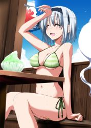 Rule 34 | 1girl, animal, arm at side, arm up, bare arms, bare legs, bare shoulders, bikini, bird, blue sky, blush, bowl, brain freeze, breasts, chair, cleavage, closed mouth, collarbone, curtains, day, eyebrows, flag, food, frown, ghost, green bikini, hairband, highres, hitodama, holding, indoors, konpaku youmu, konpaku youmu (ghost), large breasts, navel, nori tamago, shaved ice, short hair, silver hair, sitting, sky, solo, stomach, striped bikini, striped clothes, sweat, swimsuit, table, touhou, wiping face