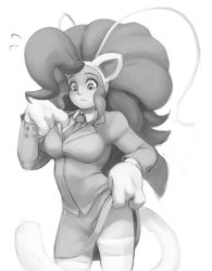Rule 34 | 1girl, :&lt;, adjusting clothes, animal ears, animal hands, big hair, business suit, cat ears, cat tail, clothes lift, cowboy shot, dogyd, drawfag, felicia (vampire), formal, fur, greyscale, highres, long hair, long sleeves, looking down, monochrome, necktie, pencil skirt, simple background, skirt, skirt lift, solo, suit, tail, vampire (game), white background