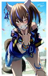 Rule 34 | 1girl, absurdres, animal ears, bead bracelet, beads, bent over, blue nails, blue shirt, blush, bracelet, brown hair, clothing cutout, colored inner hair, confetti, cowboy shot, cutoffs, daitaku helios (umamusume), dated, ear covers, ear piercing, facial tattoo, feet out of frame, gashitani, grin, hair ornament, hairclip, hand on own thigh, highres, horse ears, horse girl, horse tail, jewelry, leaning forward, long hair, looking at viewer, medium hair, multicolored hair, one eye closed, outdoors, piercing, shirt, short shorts, short sleeves, shorts, side ponytail, signature, smile, solo, standing, sweat, tail, tattoo, two-tone hair, umamusume, v, v over mouth, white shorts, wristband, yellow eyes
