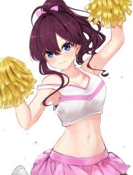 Rule 34 | 1girl, :3, absurdres, armpits, arms up, bad id, bad twitter id, blush, breasts, cheerleader, cleavage, collarbone, commentary, crop top, highres, holding, holding pom poms, ichinose shiki, idolmaster, idolmaster cinderella girls, lamp p9, looking at viewer, medium breasts, pink skirt, pom pom (cheerleading), pom poms, ponytail, purple hair, simple background, skirt, solo, tank top, upper body, white background