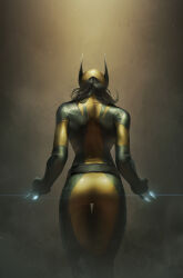 Rule 34 | 1girl, ass, belt, black belt, black hair, blue bodysuit, bodysuit, brown background, claws, commentary, cowboy shot, facing away, glint, hands up, head down, highres, jee-hyung lee, laura kinney, long hair, marvel, mask, multicolored clothes, official art, smoke, solo, standing, thigh gap, two-tone bodysuit, wolverine (x-men), x-23, x-men, yellow bodysuit
