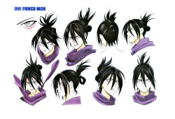 Rule 34 | 1boy, androgynous, black hair, character sheet, highres, ninja, official art, one-punch man, onsoku no sonic, scarf, simple background, smile, trap, upper body
