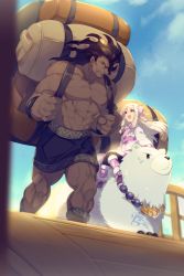 Rule 34 | 1boy, 1girl, abs, ainu clothes, ancient greek clothes, animal, bear, black hair, black pantyhose, blush, carrying bag, dark-skinned male, dark skin, dress, echo (circa), fate/grand order, fate (series), greco-roman clothes, hair between eyes, hairband, heracles (fate), jewelry, long hair, long sleeves, muscular, necklace, open mouth, pantyhose, polar bear, red eyes, shirou (bear) (fate), sidelocks, sitonai (fate), smile, thighs, white hair, wide sleeves