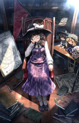 Rule 34 | 3girls, arm support, armchair, black footwear, black hat, book, book stack, bookshelf, bow, brown hair, button eyes, buttons, chain, chair, character doll, cthulhu mythos, desk, doll, easel, elbow rest, flag, glasses, hair over shoulder, hat, hat bow, head rest, head tilt, hexagram, highres, indoors, light rays, loafers, looking at viewer, magic circle, maribel hearn, mary janes, multiple girls, necronomicon, paper, papers, plaid, plaid skirt, purple skirt, ryosios, shoes, sitting, skirt, skull, smile, socks, solo focus, touhou, usami renko, usami sumireko, white bow, wooden floor
