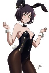 Rule 34 | 1girl, animal ears, artist name, black bow, black bowtie, black hair, black leotard, bleach, bow, bowtie, breasts, brown eyes, commentary, contrapposto, cowboy shot, detached collar, english commentary, highres, hinamori momo, leotard, mistowing, pantyhose, playboy bunny, rabbit ears, rabbit tail, short hair, simple background, small breasts, solo, tail, w arms, white background, wrist cuffs