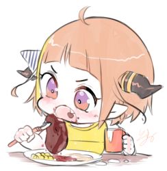 Rule 34 | 1girl, aged down, ahoge, alternate costume, alternate hairstyle, beef, bib, blonde hair, blunt bangs, blush, bow, child, commentary request, cup, diagonal-striped bow, dragon girl, dragon horns, eating, fang, food, food on face, fork, holding, holding cup, holding fork, hololive, horn bow, horn ornament, horns, isuka, kiryu coco, meat, mug, multicolored eyes, multicolored hair, open mouth, orange hair, plate, pointy ears, purple eyes, red eyes, short hair, sidelocks, simple background, solo, streaked hair, striped, striped bow, upper body, virtual youtuber, white background