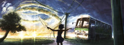 Rule 34 | 1girl, bus, cloud, highres, long image, motor vehicle, original, outstretched arms, power lines, powerline, same 2009, solo, spread arms, standing, sunset, tree, umbrella, vehicle, wide image