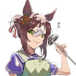 Rule 34 | 1girl, animal ears, apron, brown hair, closed mouth, clover hair ornament, fine motion (umamusume), green apron, green eyes, hair between eyes, hair bun, hair ornament, hand up, highres, holding, holding ladle, horse ears, ladle, lips, looking at viewer, makasero, multicolored hair, puffy short sleeves, puffy sleeves, purple shirt, sailor collar, shirt, short sleeves, simple background, single hair bun, smile, solo, sound effects, two-tone hair, umamusume, upper body, white background