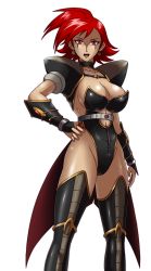 Rule 34 | 1girl, armor, breasts, cleavage, collarbone, deadmoon (kein2002), earrings, fingerless gloves, gloves, highres, jewelry, large breasts, legs, lipstick, makeup, red eyes, red hair, short hair, solo, white background