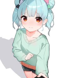 Rule 34 | 1girl, 3:, black bow, black shorts, blue hair, blunt bangs, blush, bow, collarbone, commentary request, cowboy shot, double bun, flat chest, green bow, green sweater, hair bow, hair bun, hand up, hyodou shizuku, idoly pride, light blue hair, long sleeves, looking at viewer, orange eyes, pink bow, pov, raised eyebrows, shadow, shorts, sidelighting, sidelocks, solo, sweater, tesa otaku, twintails, two-tone bow, white background, white bow