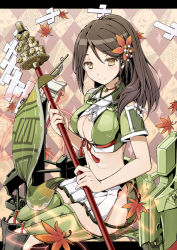 Rule 34 | 10s, 1girl, aka ringo, amagi (kancolle), armor, banner, bare shoulders, breasts, brown eyes, brown hair, cleavage, cleavage cutout, clothing cutout, female focus, flower, from side, hair between eyes, hair flower, hair ornament, kantai collection, large breasts, light smile, long hair, looking at viewer, machinery, midriff, miniskirt, mole, mole under eye, ponytail, shikigami, sitting, skirt, solo, thighhighs, zettai ryouiki