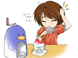 Rule 34 | 00s, 1girl, bear, bird, brain freeze, brown hair, chibi, food, holding, holding spoon, lowres, penguin, rinrin (sister princess), shaved ice, sister princess, solo, spoon