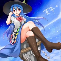Rule 34 | &gt;:d, 1girl, :d, above clouds, blue hair, boots, brown footwear, cloud, crossed legs, floating rock, hand in own hair, hat, hinanawi tenshi, knee boots, long hair, looking at viewer, monrooru, open mouth, puffy short sleeves, puffy sleeves, red eyes, rock, rope, shimenawa, shirt, short sleeves, sitting, sitting on rock, skirt, sky, smile, smug, solo, star (sky), starry sky, touhou, v-shaped eyebrows, very long hair