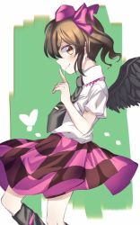 Rule 34 | 1girl, bad id, bad twitter id, bird wings, black wings, blush, brown eyes, brown hair, checkered clothes, checkered skirt, collared shirt, commentary, finger to mouth, hair ribbon, hat, heart, himekaidou hatate, iiha toobu, kneehighs, looking at viewer, necktie, pointy ears, profile, ribbon, shirt, short hair, skirt, smile, socks, solo, tokin hat, touhou, twintails, wings