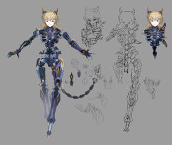 Rule 34 | 1girl, android, blonde hair, commentary request, english text, flower, full body, grey background, highres, horns, humanoid robot, joints, mechanical horns, mechanical parts, mechanical tail, medium hair, original, red eyes, robot, robot joints, slit pupils, smile, solo, tail, ushas