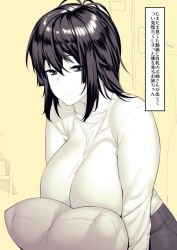 Rule 34 | 1girl, black hair, breasts, chair, collarbone, doorknob, expressionless, hair between eyes, hakai shin, large breasts, long sleeves, looking at viewer, medium hair, monochrome, original, pants, pillow, solo, tight clothes, tight pants, translated, yellow background