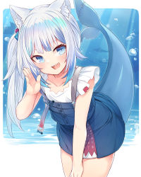 Rule 34 | 1girl, :d, animal ears, bare arms, blue background, blue eyes, blue hair, blue skirt, bubble, buckle, buttons, cat ears, commentary, english commentary, fins, fish tail, gawr gura, gawr gura (casual), glint, hand on own thigh, hand up, hololive, hololive english, kemonomimi mode, leaning forward, legs together, light rays, long hair, looking at viewer, mou tama maru, multicolored hair, ocean, seafloor, official alternate costume, open mouth, outstretched hand, panties, shark, shark girl, shark tail, sharp teeth, shirt, side-tie panties, sidelocks, silver hair, skirt, sleeveless, sleeveless shirt, smile, solo, standing, streaked hair, suspenders, tail, teeth, underwear, virtual youtuber, white background, white shirt