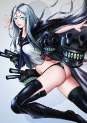 Rule 34 | 10s, 1girl, :d, abyssal ship, ass, black footwear, black panties, black thighhighs, blush, boots, butt crack, cape, crop top, glowing, glowing eyes, green eyes, highres, kantai collection, long hair, looking at viewer, no pants, open mouth, outstretched arms, pale skin, panties, school uniform, serafuku, shoes, silver hair, smile, solo, ta-class battleship, thigh boots, thighhighs, turret, underwear, ytoy
