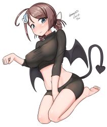 Rule 34 | 1girl, absurdres, ahoge, alternate costume, bandana, barefoot, bat wings, bike shorts, black shirt, black shorts, braid, braided hair rings, breasts, brown hair, chougei (kancolle), cropped shirt, dated, demon tail, demon wings, hair ornament, hair rings, hairclip, highres, kantai collection, large breasts, long hair, maru (marg0613), midriff, one-hour drawing challenge, paw pose, shirt, shorts, solo, tail, turtleneck, twin braids, twitter username, wings