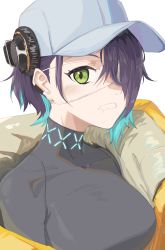 Rule 34 | 1girl, absurdres, arknights, asbestos (arknights), baseball cap, black hair, black shirt, blue hair, blush, breasts, clenched teeth, coat, covered collarbone, eyepatch, green eyes, grey hat, hair over one eye, hat, headphones, highres, large breasts, looking at viewer, medical eyepatch, multicolored hair, neon trim, one eye covered, open clothes, open coat, parted lips, radioneet, saliva, shirt, short hair, simple background, solo, taut clothes, taut shirt, teeth, two-tone hair, upper body, white background, yellow coat