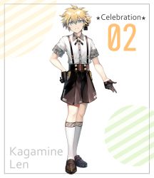 Rule 34 | 1boy, black footwear, black gloves, black shorts, blonde hair, character name, closed mouth, collared shirt, diagonal stripes, dress shirt, full body, gloves, green eyes, hair between eyes, half gloves, hand on own hip, highres, kagamine len, kneehighs, loafers, male focus, saihate (d3), shirt, shoes, short shorts, short sleeves, shorts, smile, socks, solo, standing, star (symbol), striped, striped background, suspender shorts, suspenders, vocaloid, white background, white shirt, white socks