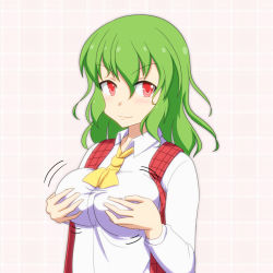 Rule 34 | 1girl, ascot, bouncing breasts, grabbing another&#039;s breast, breasts, cato (monocatienus), commentary request, female focus, grabbing, green hair, kazami yuuka, large breasts, long sleeves, looking at viewer, open clothes, open vest, red eyes, shirt, smirk, solo, touhou, upper body, vest