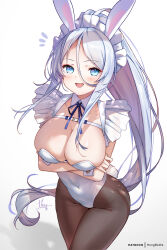 Rule 34 | 1girl, animal ears, black pantyhose, blue eyes, breasts, copyright request, covered navel, fake animal ears, grey hair, hair between eyes, highres, hong (white spider), large breasts, leotard, long hair, maid headdress, open mouth, pantyhose, patreon username, playboy bunny, ponytail, rabbit ears, signature, solo, white background, white leotard