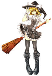 Rule 34 | 1girl, bad hands, blonde hair, boots, bow, braid, broom, cross-laced footwear, female focus, frills, full body, hair bow, hat, highres, kirisame marisa, ku-ba, lace-up boots, short hair, simple background, smile, solo, thighhighs, touhou, white background, witch, witch hat, wrist cuffs, yellow eyes, zettai ryouiki
