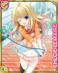 Rule 34 | 1girl, blonde hair, blue eyes, brick, card (medium), character name, chloe lemaire, flower, girlfriend (kari), holding, jump rope, jumping, long hair, official art, one eye closed, open mouth, outdoors, qp:flapper, rooftop, shirt, skirt, smile, soles, solo, sparkle, thighhighs, white skirt, white thighhighs, yellow shirt