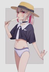 Rule 34 | 1girl, black choker, border, choker, commentary, food, high ponytail, highres, ice cream, looking at viewer, makaino ririmu, multicolored hair, nail polish, navel, necktie, nijisanji, no pants, open mouth, panties, pointy ears, red eyes, sabamen, simple background, solo, streaked hair, underwear, virtual youtuber, white border
