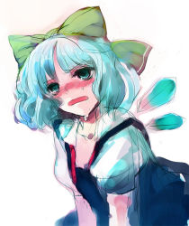 Rule 34 | 1girl, blue dress, blue hair, blush, bow, cirno, dress, drooling, female focus, green eyes, hair bow, ice, ice wings, nokishita, open collar, puffy short sleeves, puffy sleeves, shoot the bullet, short sleeves, simple background, solo, sweat, touhou, untied, upper body, wings