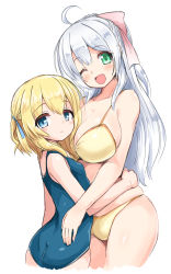 Rule 34 | 2girls, ;d, ahoge, ass, bikini, blue eyes, blue one-piece swimsuit, blue ribbon, blush, bow, breasts, green eyes, hair between eyes, hair bow, hair ribbon, height difference, highres, hug, huyusilver, large breasts, long hair, looking at viewer, medium hair, multiple girls, one-piece swimsuit, one eye closed, one side up, open mouth, original, pink bow, ribbon, short hair, silver hair, simple background, small breasts, smile, swimsuit, two side up, white background, yellow bikini, yuri