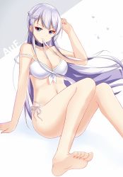 Rule 34 | 1girl, alternate costume, azur lane, bare arms, bare legs, bare shoulders, barefoot, belfast (azur lane), bikini, blue eyes, breasts, cleavage, collarbone, commentary request, devil fish, feet, foot focus, front-tie top, large breasts, legs, long hair, looking at viewer, mouth hold, navel, purple hair, side-tie bikini bottom, sitting, soles, solo, swimsuit, toes, white bikini