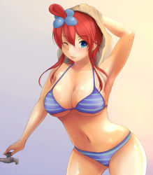 Rule 34 | 10s, 1girl, anekdoten, arm up, armpits, bad anatomy, bikini, blue eyes, blush, breasts, cleavage, creatures (company), face, faucet, game freak, gradient background, gym leader, large breasts, navel, nintendo, one eye closed, pokemon, pokemon bw, red hair, skyla (pokemon), solo, striped bikini, striped clothes, swimsuit, towel, underboob, wink