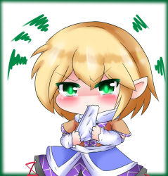 Rule 34 | 1girl, arm warmers, arms up, biting, blonde hair, blush, border, chibi, commentary, dress, furrowed brow, glowing, glowing eyes, green border, green eyes, hair between eyes, handkerchief, holding, holding handkerchief, layered dress, mizuhashi parsee, pointy ears, scarf, short hair, short sleeves, simple background, solo, squiggle, standing, tears, touhou, upper body, wavy mouth, white background, yairenko