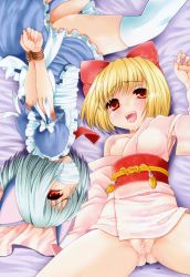 Rule 34 | 2girls, animal ears, arima natsubon, ass, blonde hair, breasts, can, cat ears, cat girl, dress, eyebrows, female focus, gag, gluteal fold, hair over one eye, highres, japanese clothes, lying, multiple girls, nipples, on back, one breast out, open mouth, original, puffy short sleeves, puffy sleeves, pussy, pussy juice, rope, saliva, short hair, short sleeves, small breasts, stain, teeth, thighhighs, tongue, uncensored, white legwear