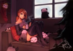 Rule 34 | 1girl, artist name, black thighhighs, blue eyes, blush, brown hair, closed mouth, collarbone, couch, cup, dated, highres, hoipus, holding, holding cup, hood, hoodie, indoors, long hair, long sleeves, looking at viewer, mug, original, pillow, signature, sitting, smile, smug, solo, stuffed animal, stuffed panda, stuffed toy, thighhighs, window